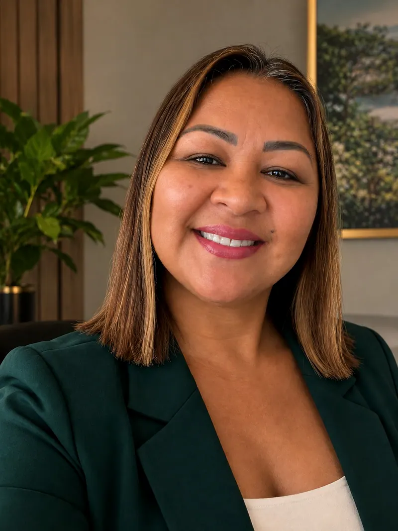 Ângela Farias, corretora de imóveis, sorrindo, de blazer verde, num escritório com planta e quadro ao fundo