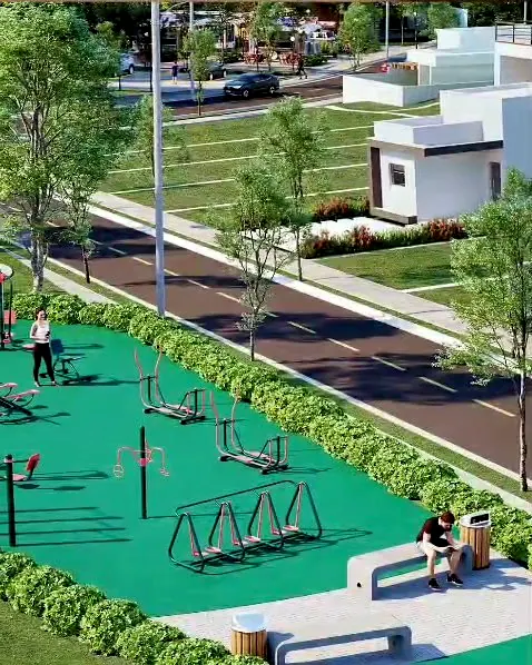 Imagem ilustrativa: academia ao ar livre e ciclovia do Smart Gran Park (perspectiva do empreendimento)