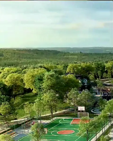 Imagem ilustrativa: área de lazer do Smart Gran Park, com quadras e áreas verdes (perspectiva do empreendimento)