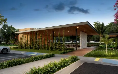 Imagem ilustrativa: clube do Gran Villagio, com pergolado e jardim (perspectiva do empreendimento)