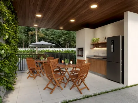 Imagem ilustrativa: espaço gourmet do Gran Villagio, com churrasqueira (perspectiva do empreendimento)
